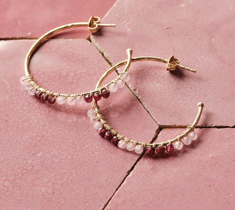Muse Rose Quartz Garnet Earrings – Styled flat lay on pink tile