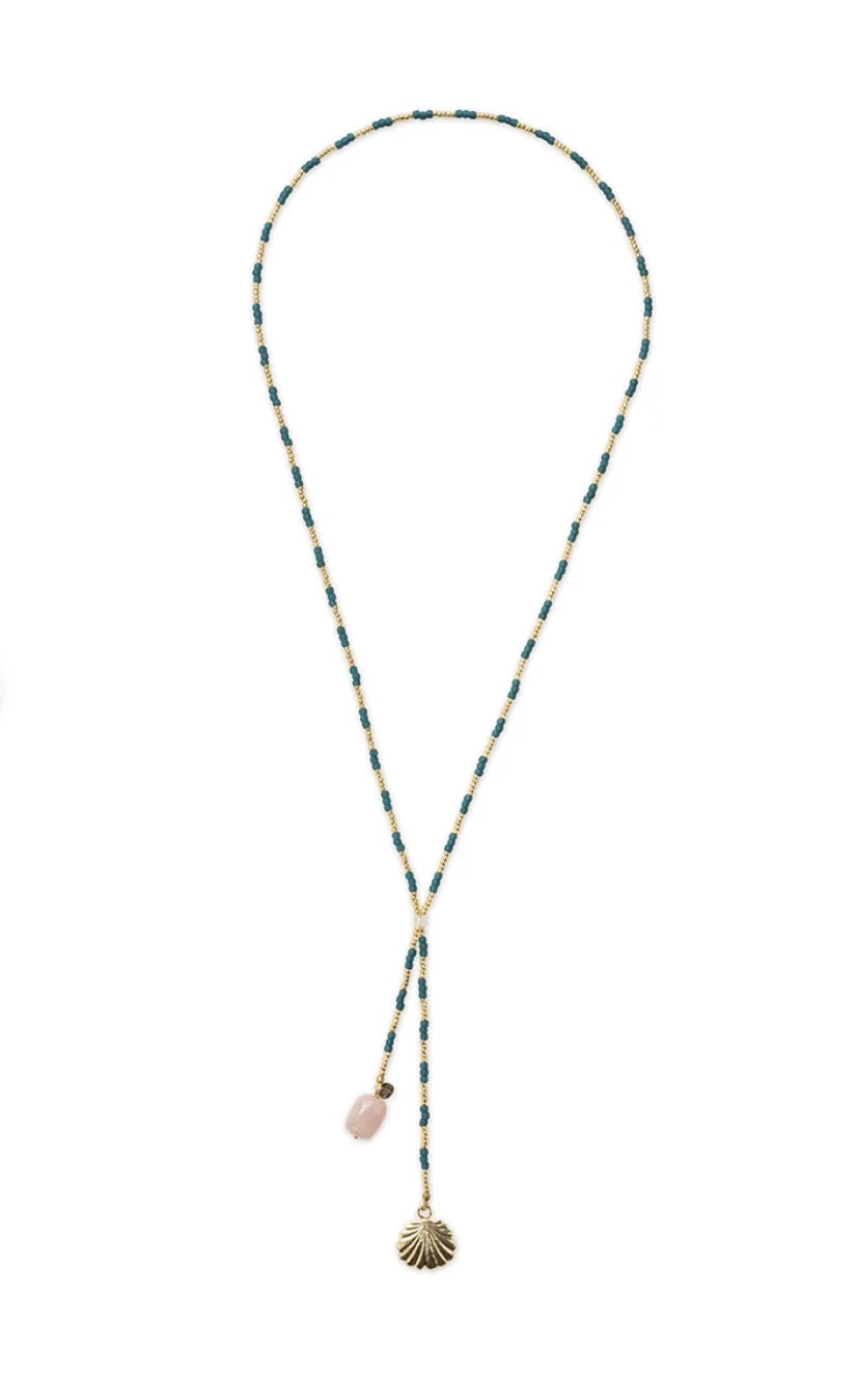 Entire Rose Quartz Necklace – Long beaded necklace with shell pendant on white background
