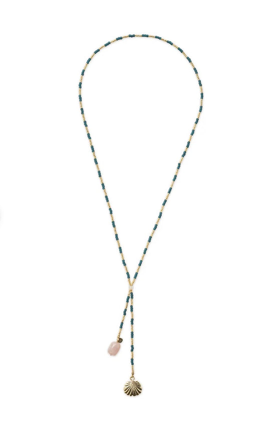 Entire Rose Quartz Necklace – Long beaded necklace with shell pendant on white background